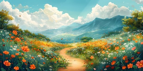Wall Mural - An idyllic valley meadow blooms under the sunset, with a winding footpath amidst nature's beauty.