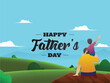 Back View Son Sitting on His Father Shoulder in Front of Beautiful Greenery Landscape, Happy Father's Day Concept.