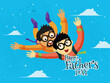 Happy Father's Day Greeting Card Design, Cartoon Dad with His Son Flying Together in Sky.