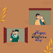 Happy Father's Day greeting card, two images of dad with baby on brown background.