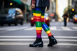 © XaMaps - Sensual legs wearing boots with LGBTQ+ flag laces walking on a zebra crossing that has been painted in rainbow colors.