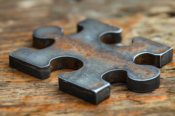 Macro shot of a rusty puzzle piece with a blurred wooden background emphasizing age and use