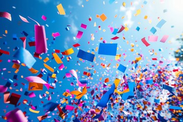 Wall Mural - a shower of various shaped confetti pieces set against a bright blue sky background