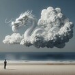 A white Chinese dragon shaped like a cloud floats over the sea.