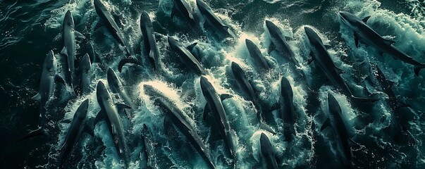 Wall Mural - Aerial view of a dense swarm of spinner sharks in the Atlantic Ocean