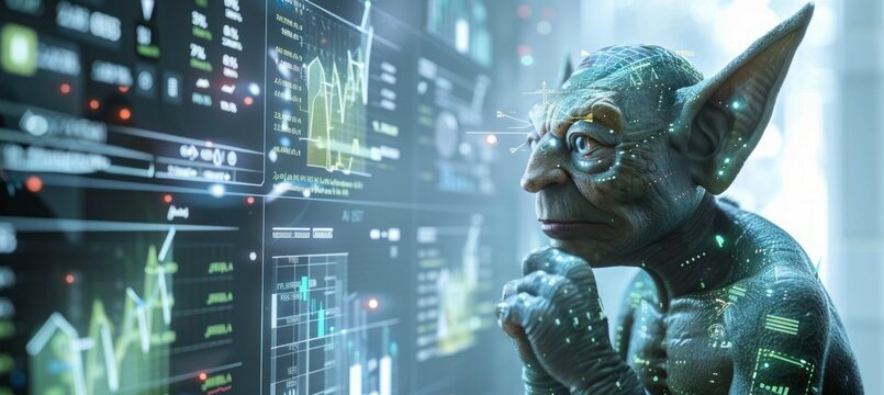 Smart Goblin looking to business economy statistic data. Generative AI technology.