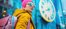 A Fashionable Woman In An Orange Trench Coat, Pink Hat And Sunglasses Carrying A Backpack Walks Along The Street Next To Glass Display Windows With Blue Clock Images On Them