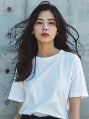 Asian woman in oversized white t-shirt against the backdrop of a vintage cement wall in an old apartment.