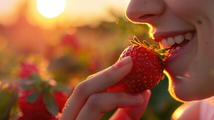 A woman happily eats a ripe strawberry under the blue sky, surrounded by flowers and plants. Her gesture shows her joy as she enjoys the sweet fruit AIG50