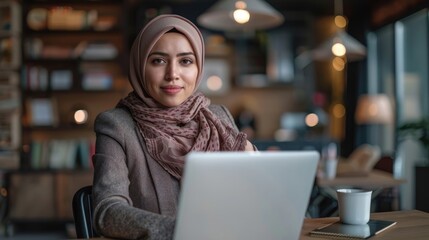 A woman wearing a scarf is sitting at a table with a laptop in front of her