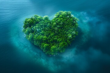 Wall Mural - Create a lush, heart-shaped island surrounded by crystal-clear waters, with rich greenery and dense forests