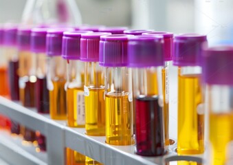 Close-up of Test Tubes Filled with Blood Samples in Laboratory Rack