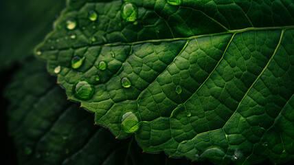 Sticker - Green leaf in close up with water droplets, nature background, floral background.