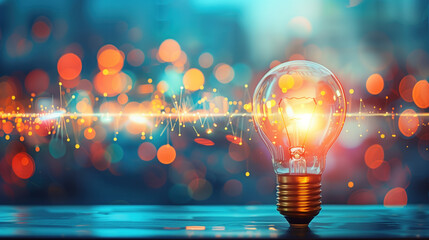 Wall Mural - Illuminated light bulb over a vibrant bokeh background symbolizing ideas and innovation.