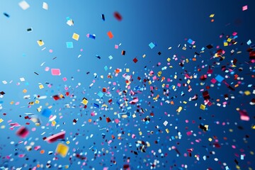 Wall Mural - dynamic image of multicolored confetti pieces scattered across a deep blue sky, conveying a sense of