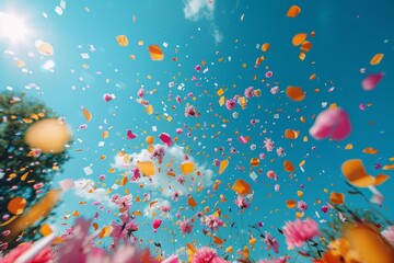 Wall Mural - celebratory image encapsulating the essence of spring with colorful confetti and flowers soaring thr