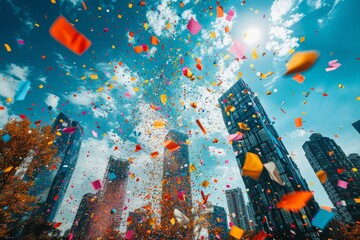 An energetic display of colorful confetti bursts against a backdrop of modern skyscrapers under a clear blue sky