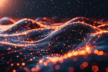 Wall Mural - dynamic digital artwork portraying red glowing particle waves on a dark background, signifying data 