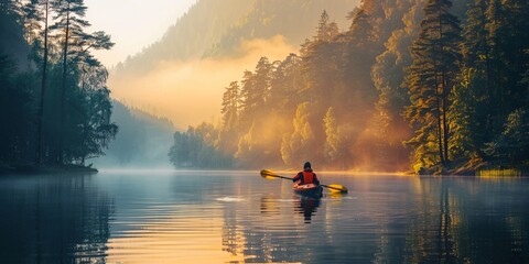 kayaking on the forest lake in the morning