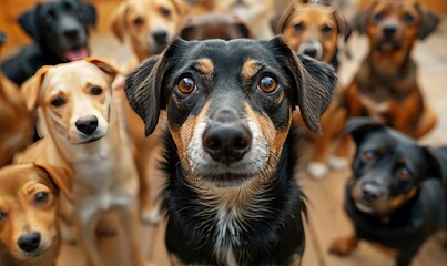 Group portrait of dogs of various shapes, sizes, and breeds. Stray pets with happy expression waiting for adoption.