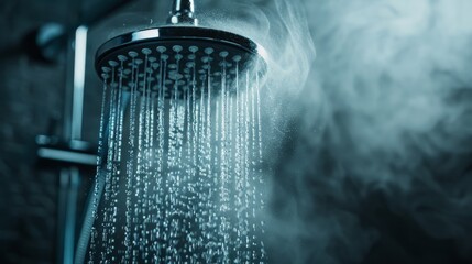 A close-up of a shower head releasing a refreshing stream of water, with steam rising