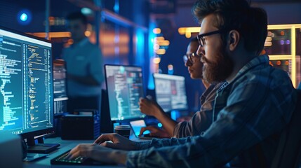 a scene showcasing a team of software developers coding, collaborating, and testing applications in 
