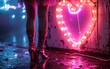 Sparkly boots shine beside a glowing neon heart on a wet city night