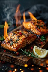 Wall Mural - Detailed view of a grilled salmon fillet placed on a wooden cutting board