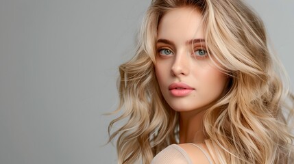 Poster - Portrait of a Young Woman with Beautiful Blonde Wavy Hair, Natural Makeup. Ideal for Beauty and Haircare Themes. Studio Shot, Grey Background. AI