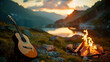 © Taisiia - Romantic atmosphere in the mountains and river by the fire with a guitar at sunset