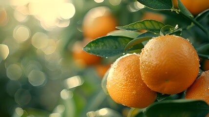 Canvas Print - Fresh oranges hanging on a tree with sunlit background. Organic fruit, ripe and ready for harvest. Ideal for natural food and gardening content. AI