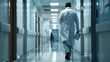 © Tahir AI - A glimpse of dedication as a doctor delves into medical files, navigating the hospital corridor.