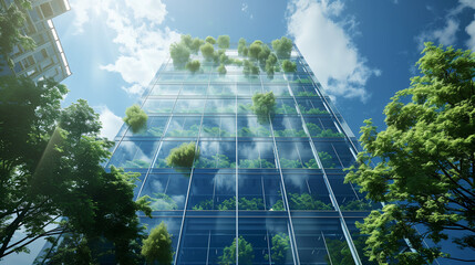 Wall Mural - Eco-friendly building in the modern city. Sustainable glass office building with tree for reducing carbon dioxide. Office building with green environment. Corporate building reduce CO2.