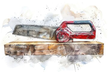 Wall Mural - Detailed watercolor painting of a saw and a red car. Suitable for construction or automotive themes