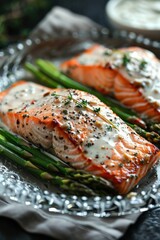Wall Mural - Appetizing salmon and asparagus served on a glass plate with creamy sauce