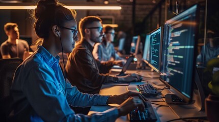 A scene showcasing a team of software developers coding, collaborating, and testing applications in a modern development environment