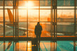 Solo traveler at airport looking at airplane