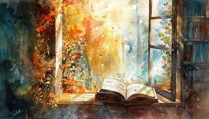 Wall Mural - A painting of a window with a book open on a table