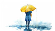A person is walking in the rain with a yellow umbrella