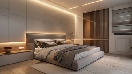 Wall Mural - A contemporary bedroom with elegant lighting and minimalist design