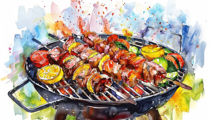 Wall Mural - A painting of a grill with skewers of meat and vegetables on it