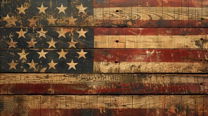 Close-up depiction of the stars and stripes of the American flag, set against an aged wooden texture for a traditional patriotic look