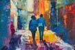 A painting of two people walking down a street. Ideal for illustrating urban scenes