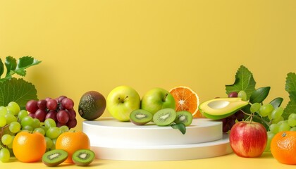 Wall Mural - A variety of colorful fruit, including apples, oranges, and bananas, resting on a wooden table