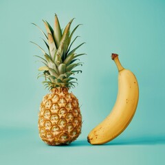 Wall Mural - A vibrant pineapple and banana contrast on a striking blue backdrop