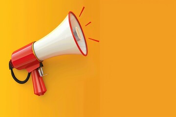 A vibrant red and white megaphone on a bright yellow background. Perfect for advertising and promotion concepts