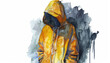 A person is wearing a yellow hoodie and looking down