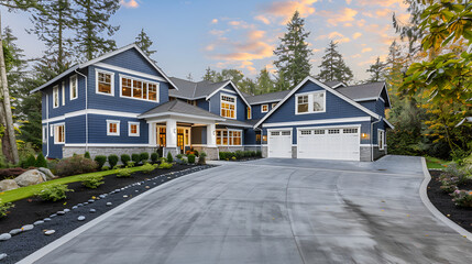 Wall Mural - Nice and comfortable neighborhood with nicely trimmed green fence. Homes at the empty street in the suburbs,Luxurious home exterior with grey vinyl siding and white trim, three attached garage spaces