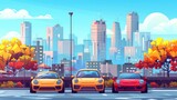 Fototapeta  - Modern cartoon illustration with modern automobiles parked in the city with a cityscape background. Urban landscape with buildings and vehicles.