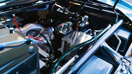 Canvas Print - Close-up of a hydrogen fuel cell being installed in a car, showcasing the use of hydrogen as a clean energy source for vehicles. 